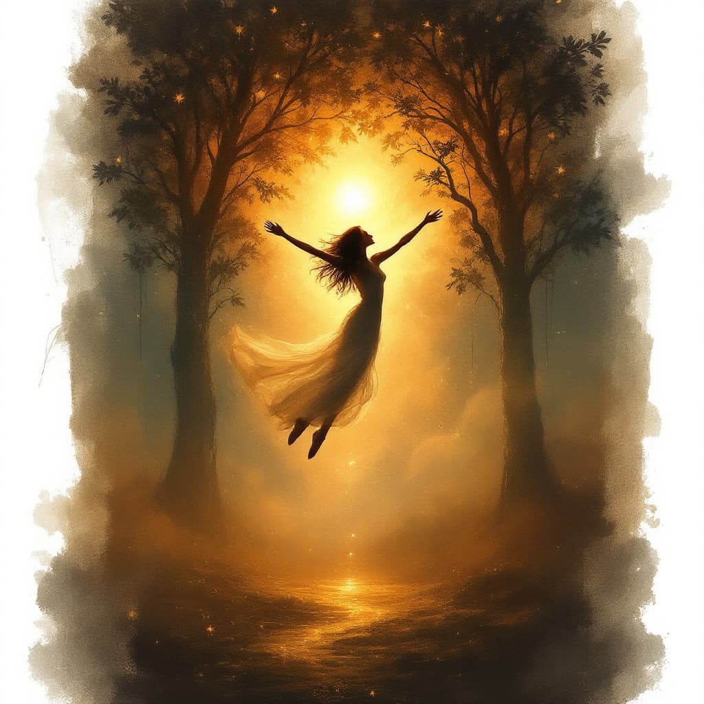 AI generated: Dreamlike artistic painting of a woman suspended between earth and sky, one foot softly touching the...