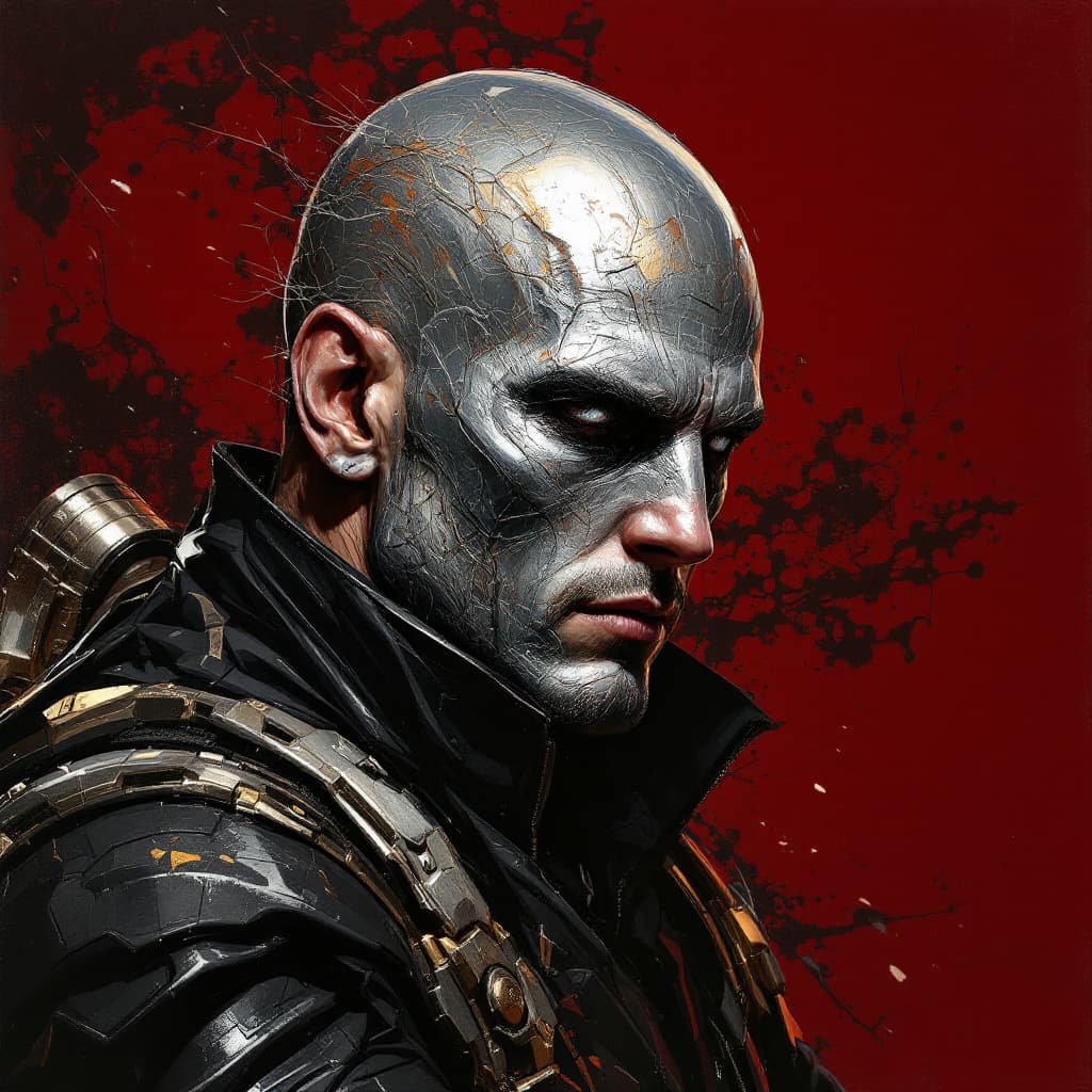 AI generated: a man in black with silver paint covering him, in the style of dark gold and bronze, comic art, futu...