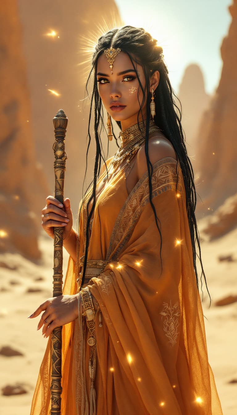 AI generated: An ultra-realistic, full-body portrait of a mesmerizing desert prophetess woman, radiating ancient w...