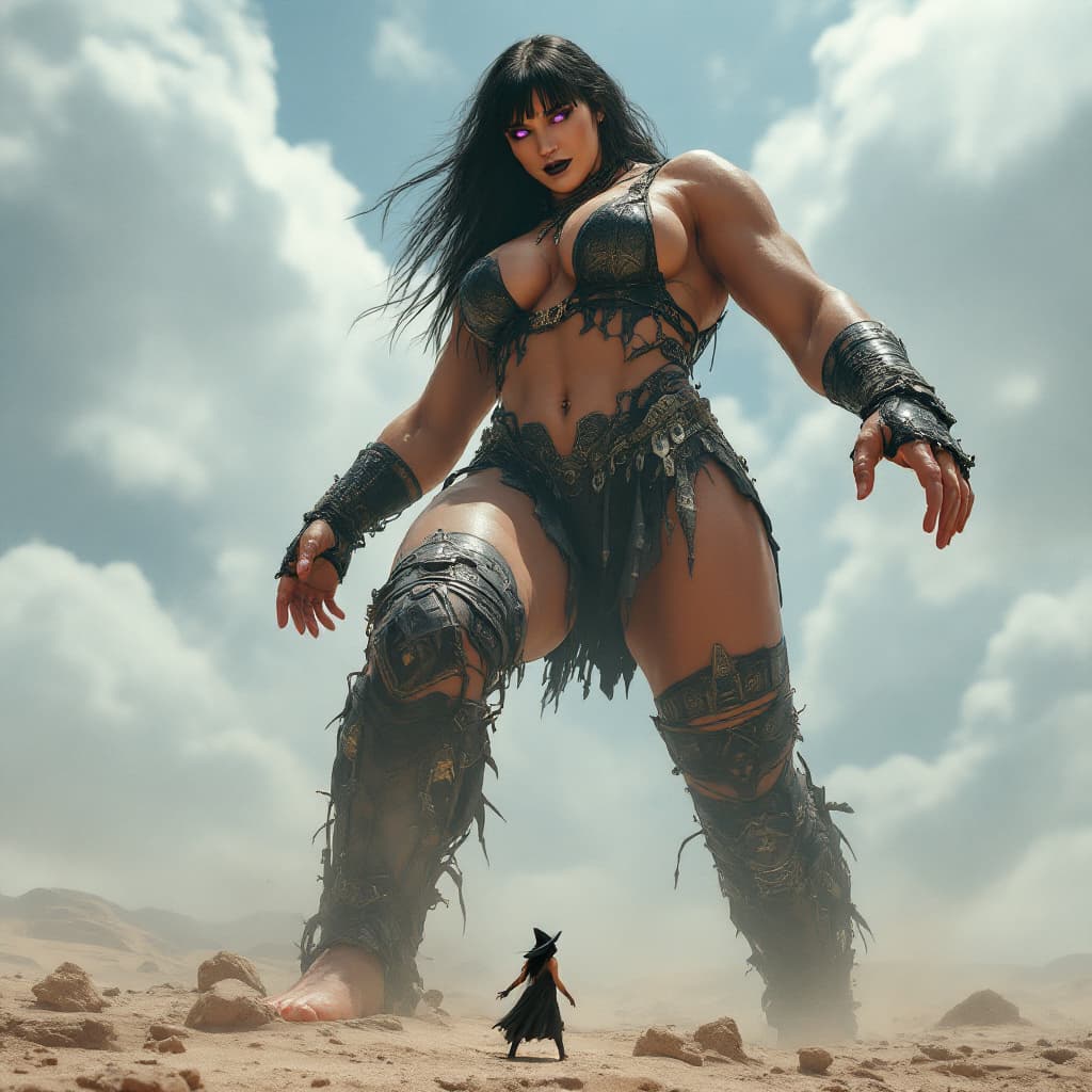 AI generated: enormous giantess female Rhea Ripley from WWE with black medium length hair and straight bangs, bigg...