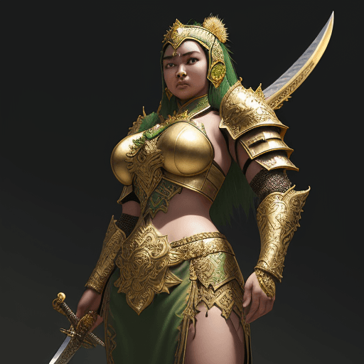 AI generated: A young Indonesian woman wearing heavy green armor decorated with gold makes her even more charismat...