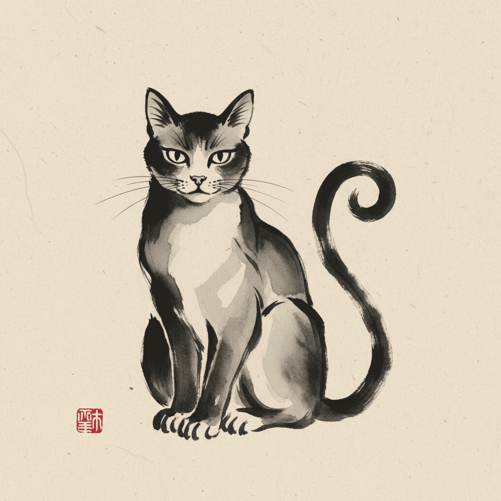 AI generated: ink drawing, sitting cat, sumi-e style on paper texture, monochromatic calligraphic brushwork, curve...