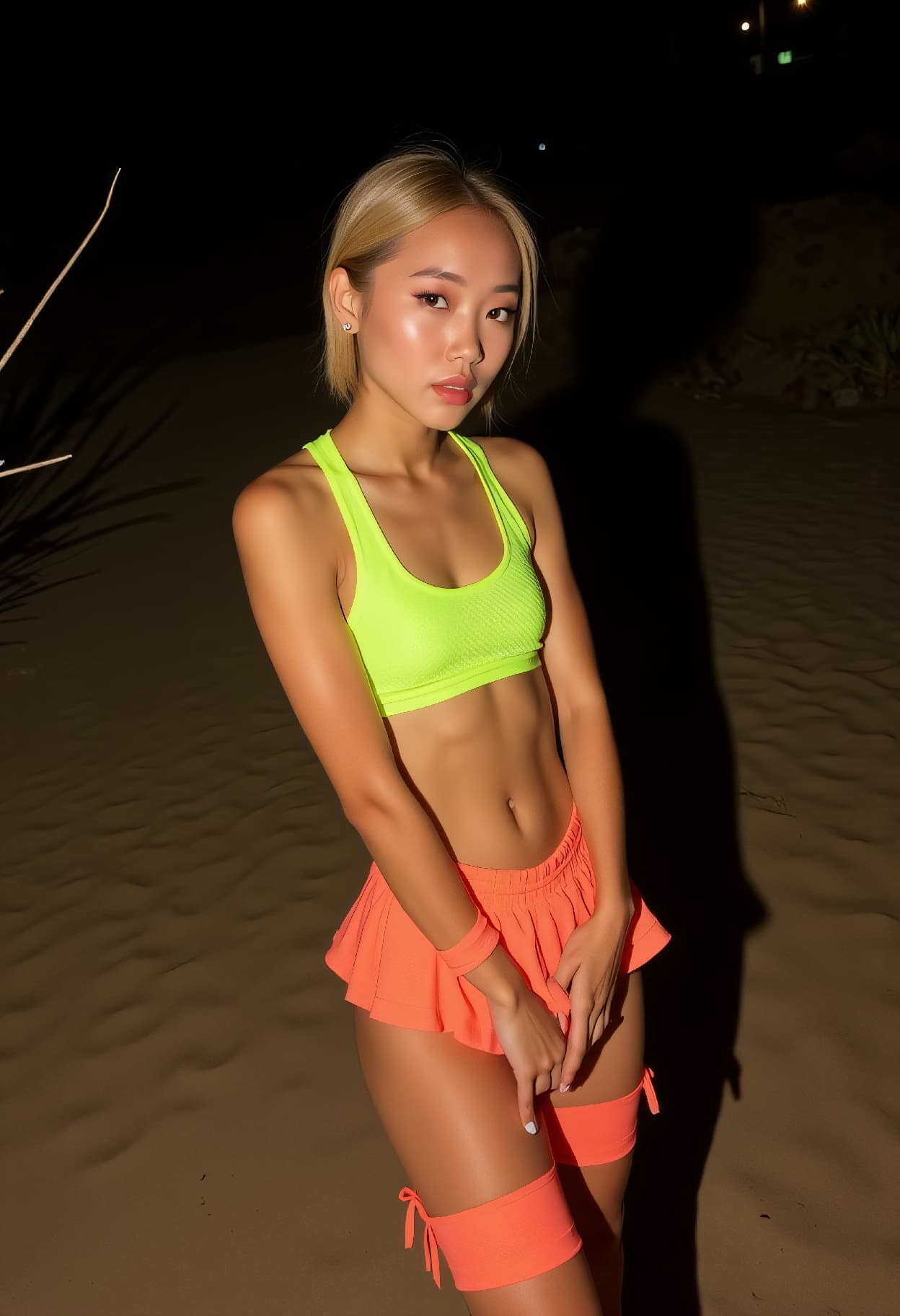 AI generated: night photography, Beach High Fashion high angle photo of a 24 year old Korean-Miao female effortles...