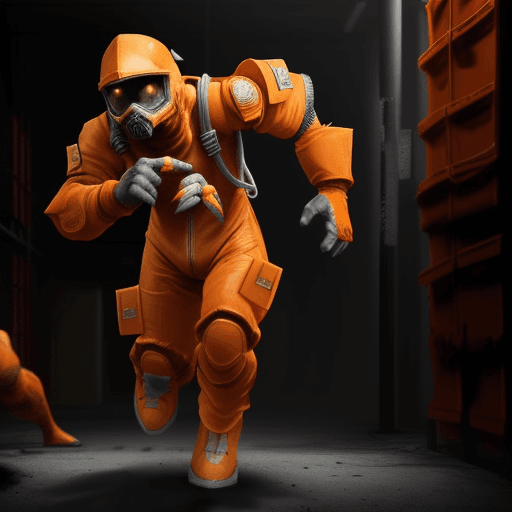 AI generated: Lethal Company Video game, emplyee running from monster, orange hazardous suit, dim lighting