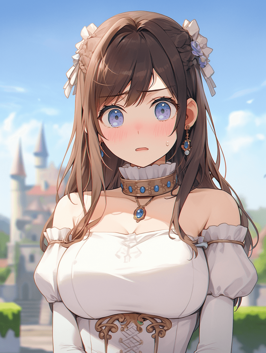 AI generated: woman with a confused look, white outfit, large breasts, shoulders and neck open, necklace, earrings...