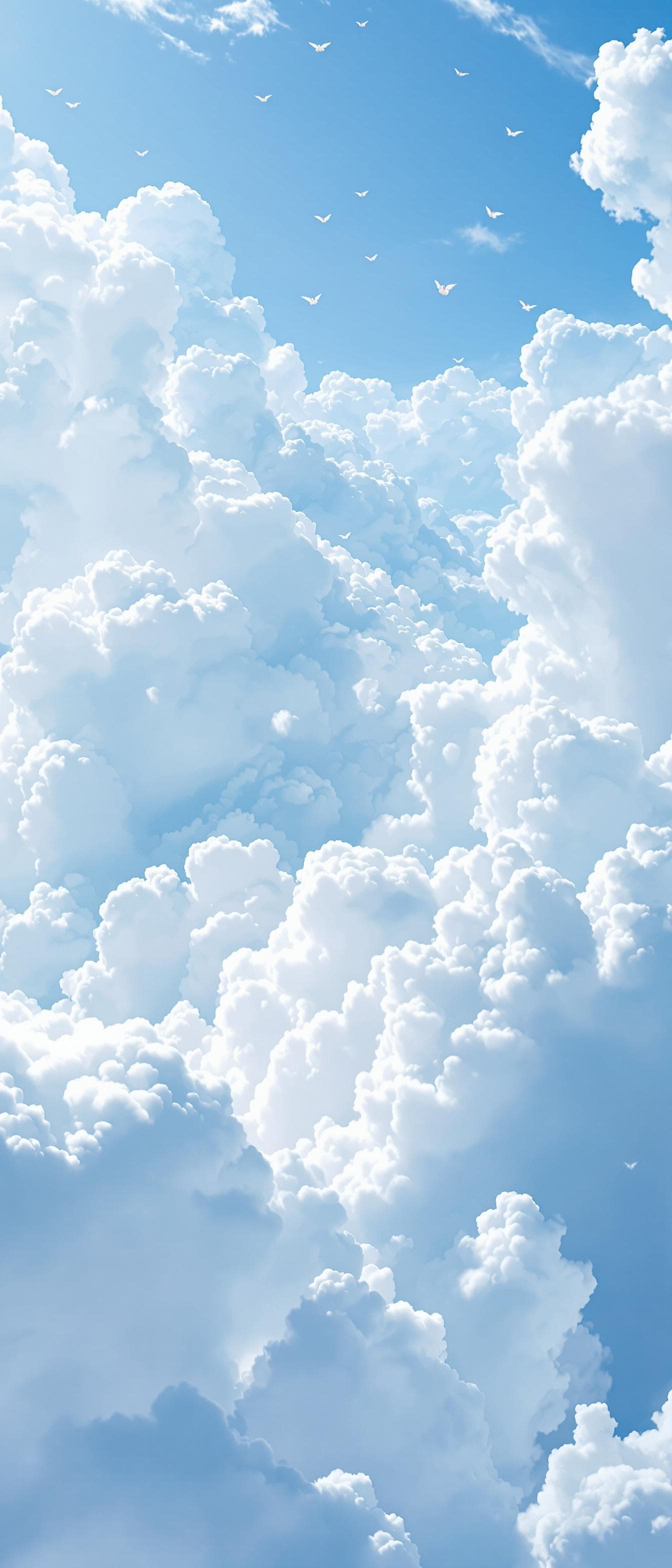 AI generated: heaven, brilliant white clouds against a light blue sky with tiny angels flying around in the distan...