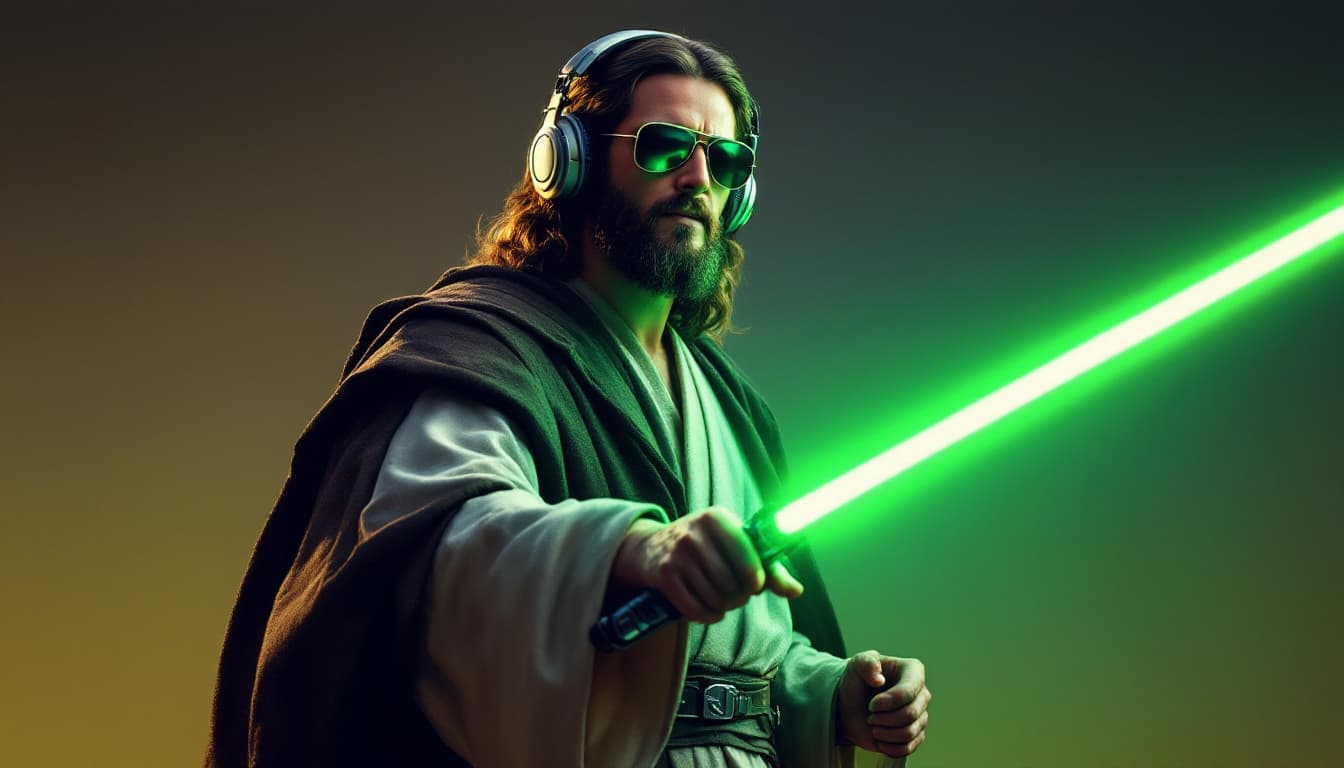 AI generated: Jesus Christ, dressed as jedi, holding a green lightsaber, wearing cool sunglasses and headphones, f...