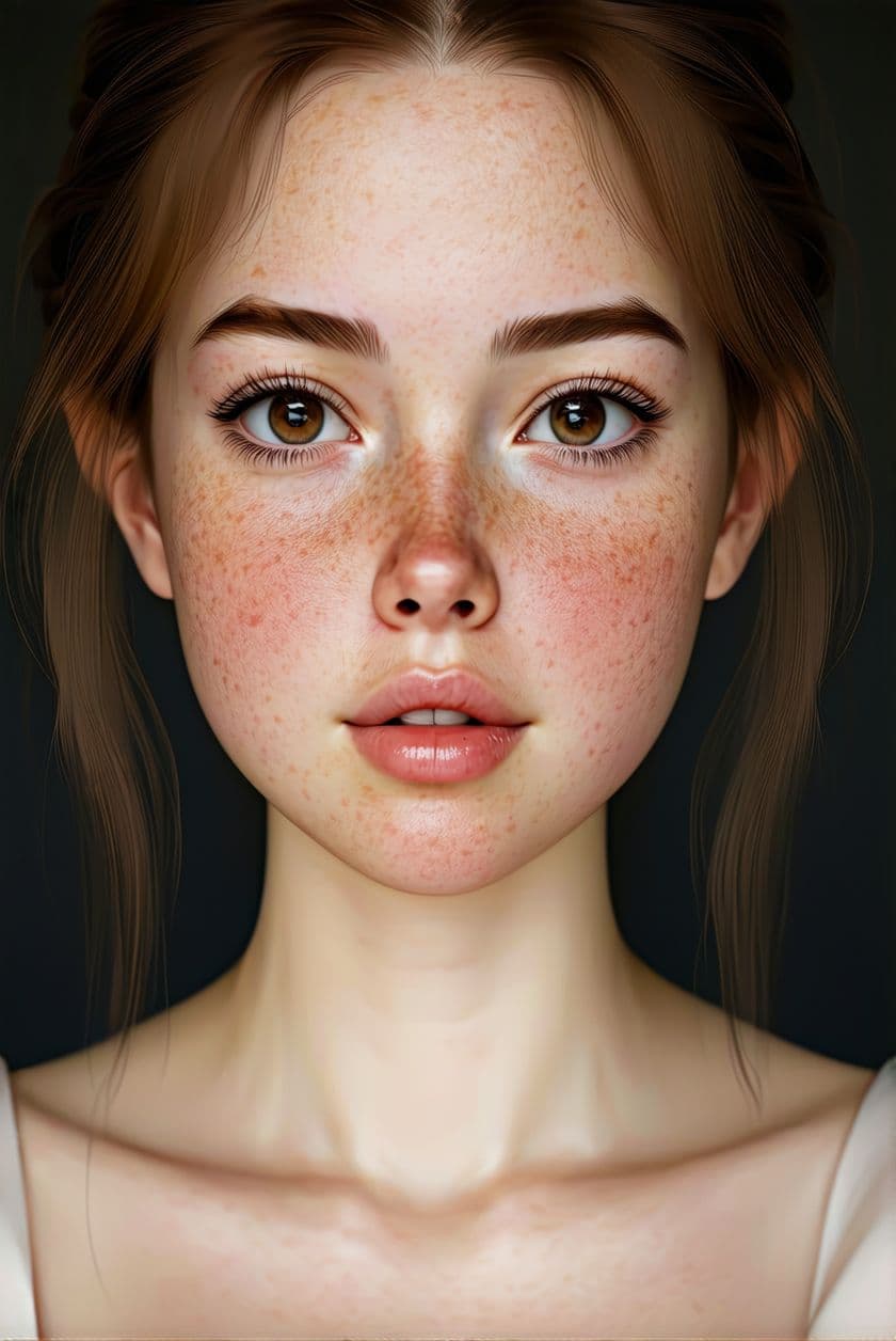AI generated: Her face is oval-shaped, complexion is fair, with brown freckles across her nose and cheeks.
Her che...