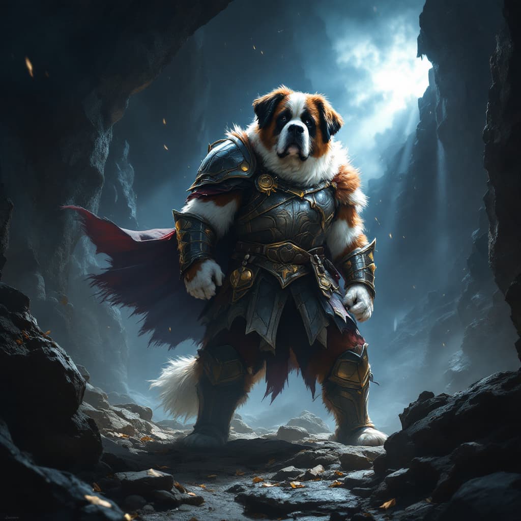 AI generated: Prompt: St. Bernard as a legendary hero in a fantasy world, wearing armor, a cinematic background, a...