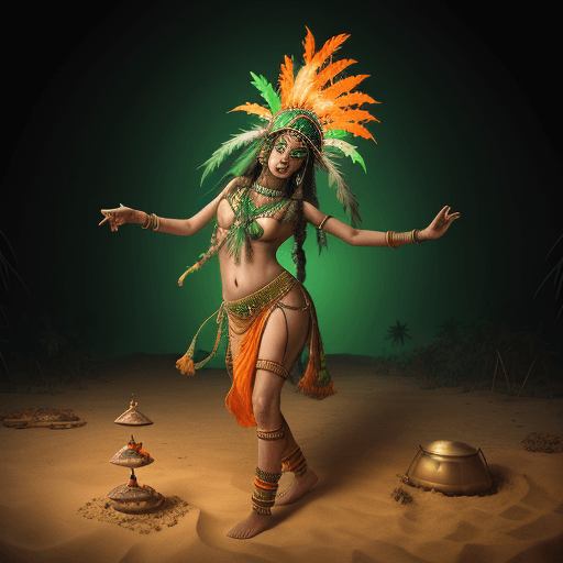 AI generated: High-resolution photograph of a psychedelic scene, indian dancing with a cannabis headdress, sand fl...