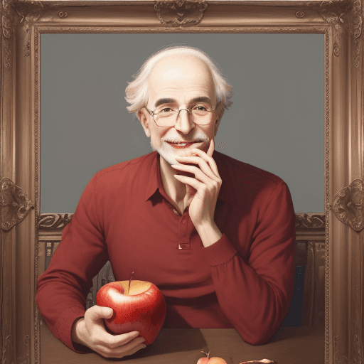 AI generated: A beautiful illustration of Albert Einstain the philosopher Biting into a red apple, super-resolutio...