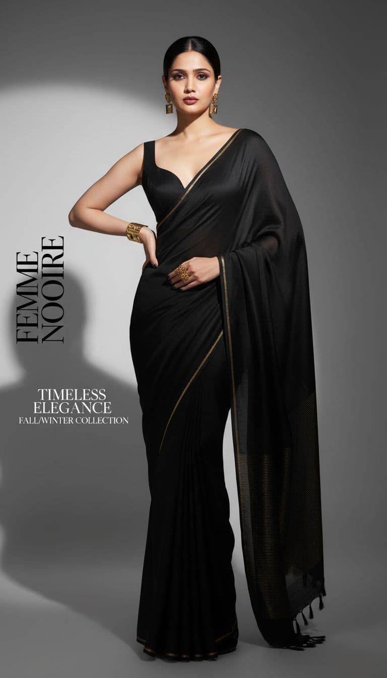 AI generated:  face exact mach wearing black saree , full-body shot with a high-fashion magazine aesthetic, hyperr...