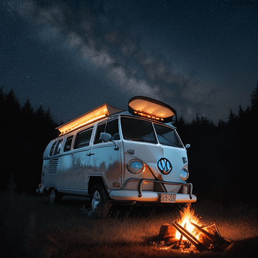 AI generated: RAW photo of a white VW BUS on top of a hill. there are 4 humans inside of the bus. campfire under a...