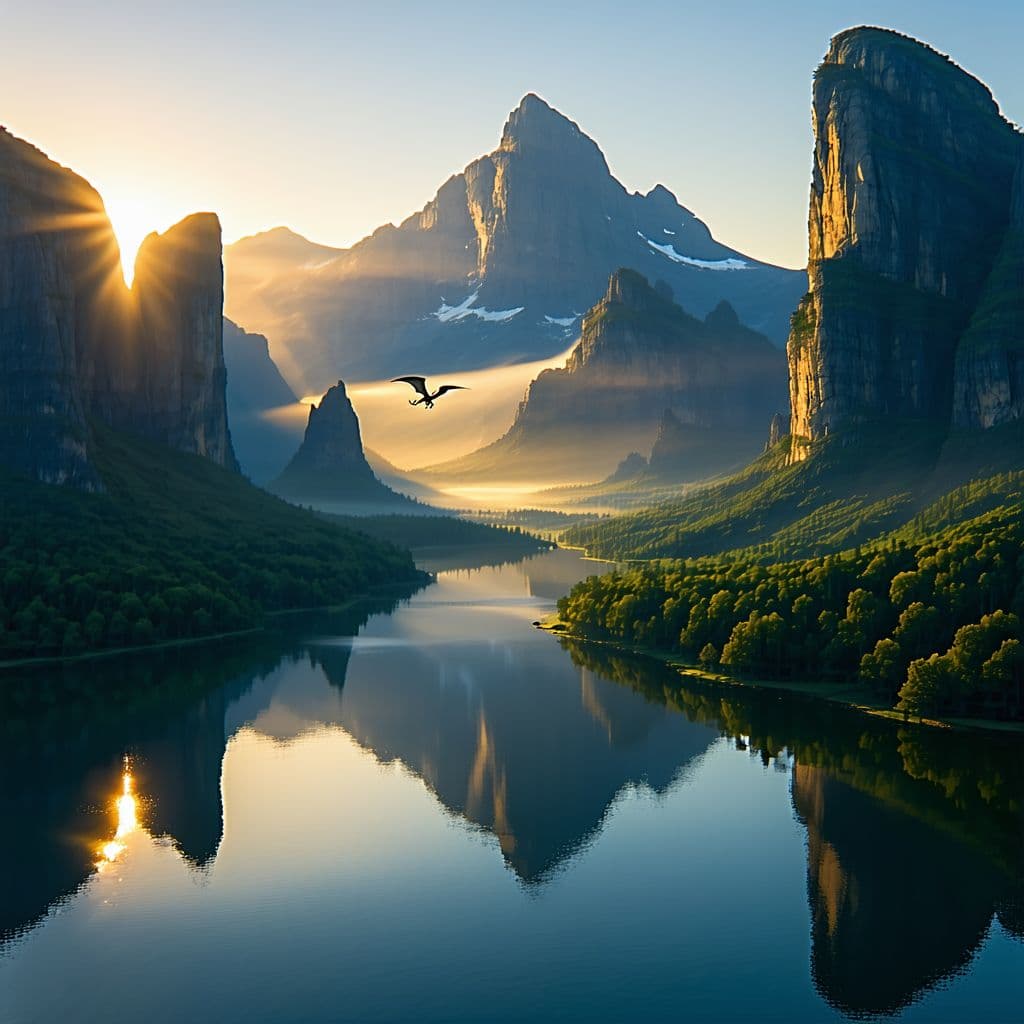 AI generated: A majestic mountain canyon stretches between towering, ancient rock cliffs. A sunset over the lake r...