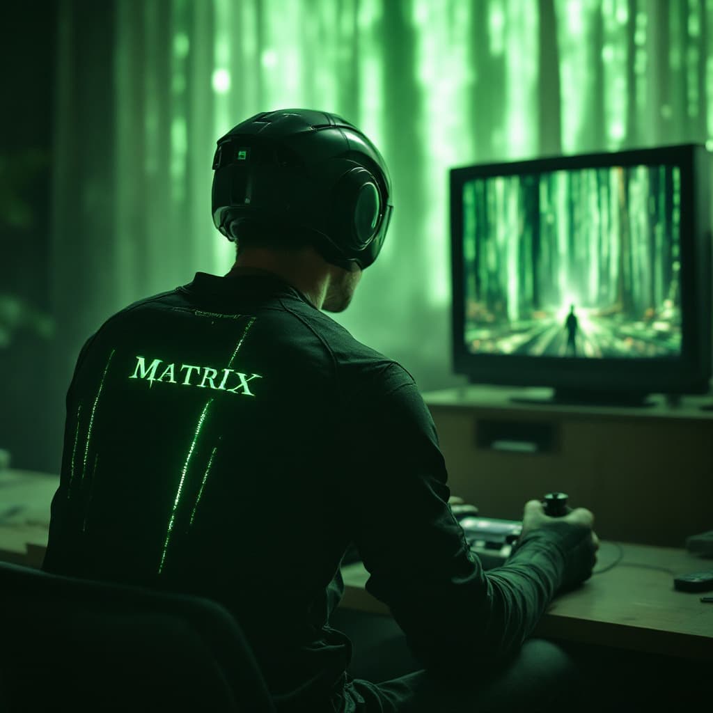 AI generated: A Matrix character wearing sangliers du vexin  mountainbiking club jersey watching you as he plays t...
