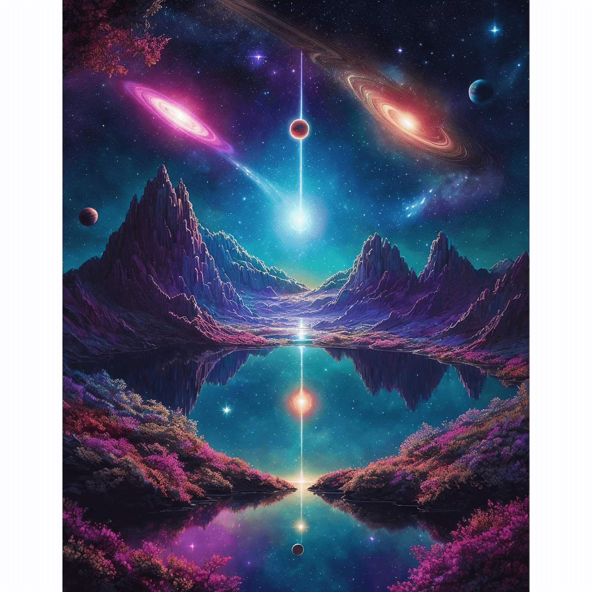 AI generated: Stunning cosmic journey, canvas print with stars and planets reflected in water, intricate details o...