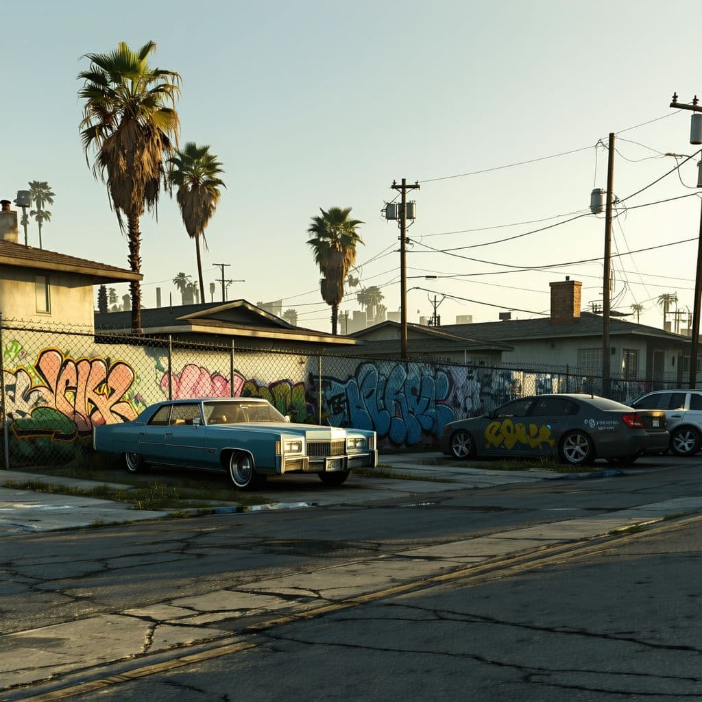 AI generated: A hyper-realistic 3D recreation of Grove Street from GTA: San Andreas, featuring CJ's house and the ...