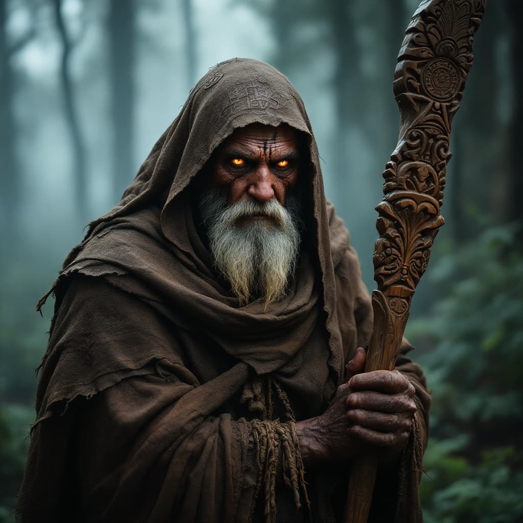AI generated: A weathered, battle-scarred mystic elder wrapped in orthodox robes, his face marked with sacred clay...