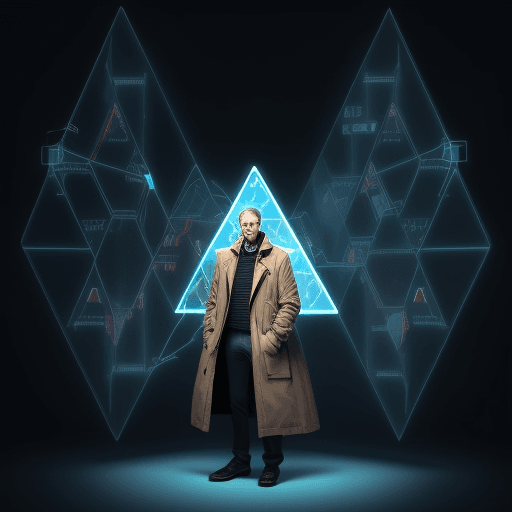 AI generated: a man in a long jacket, standing in front of a triangle-shaped device that has circuitry inside and ...