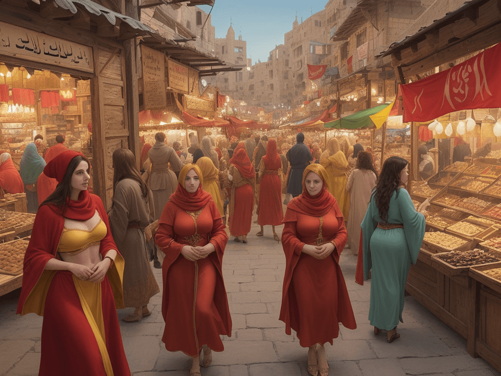 AI generated: a painting of a bustling medieval marketplace in a Middle Eastern city. The two women in the foregro...