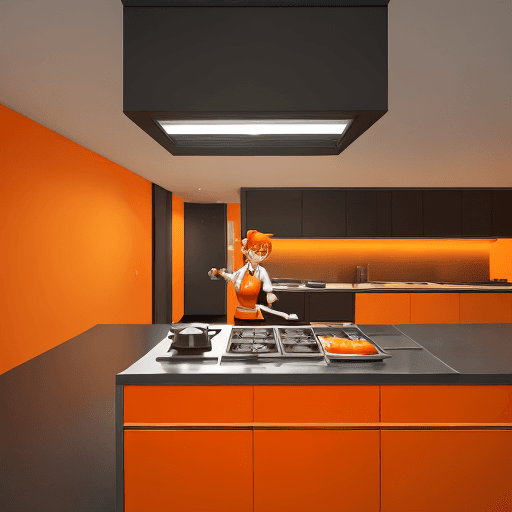 AI generated: burn the kitchen dark, kitchen, chef, cartoon, stylish   photorealistic representation, graceful bal...
