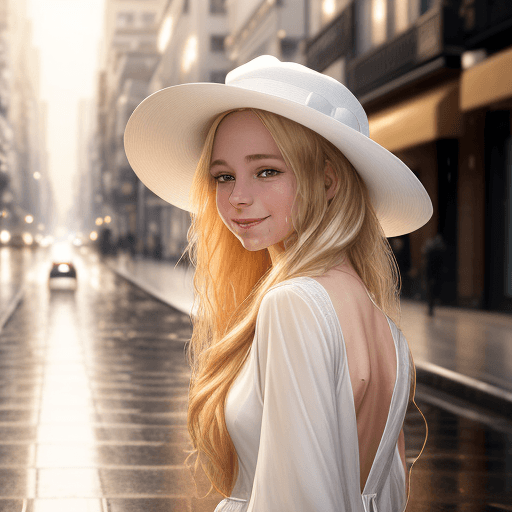 AI generated: A girl in a white dress and a woman's hat stands on a wet street, a portrait of a very beautiful gir...