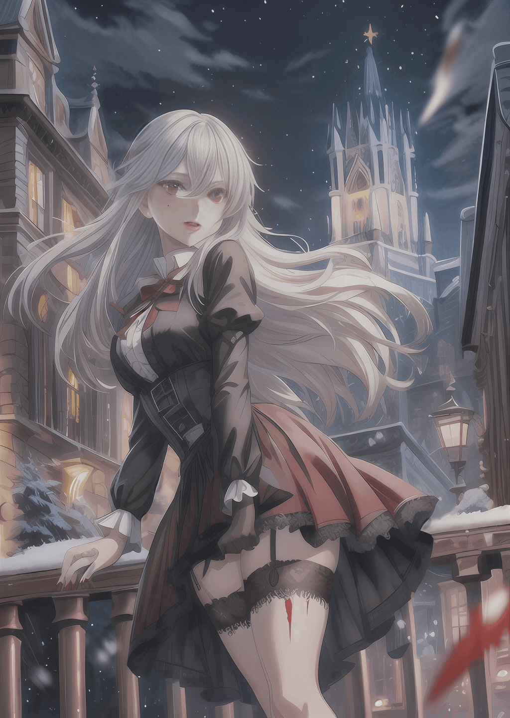 AI generated: beautiful vampire woman walking through a victorian city in winter, ((night time)), ((action scene))...