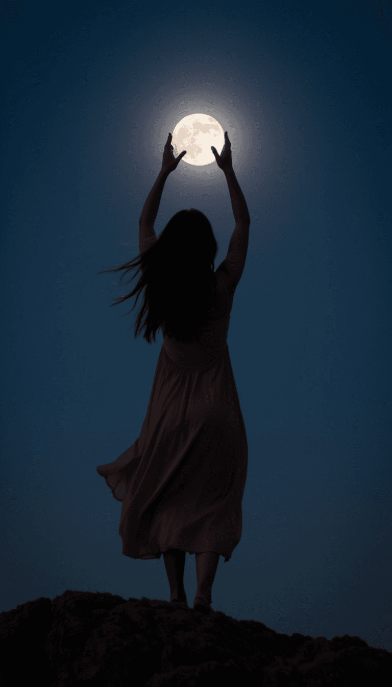 AI generated: low angle photograph of a woman, standing on top of a small mountain, hands in the air holding up th...