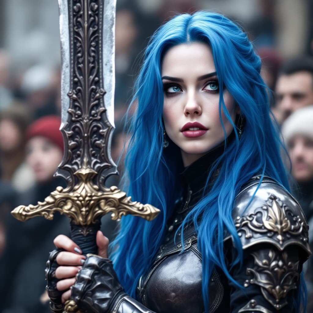 AI generated:  A female vampire with long, vibrant blue hair and blue eyes holds an ornate large sword. She stands...