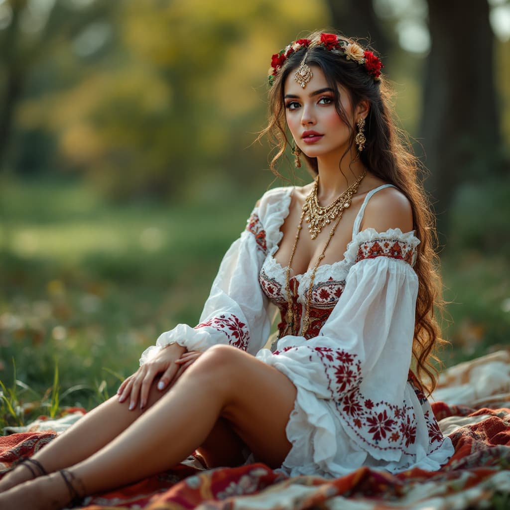 AI generated: high-resolution photo of a beautiful gypsy woman wearing a Traditional gypsy dress, sitting on a bla...