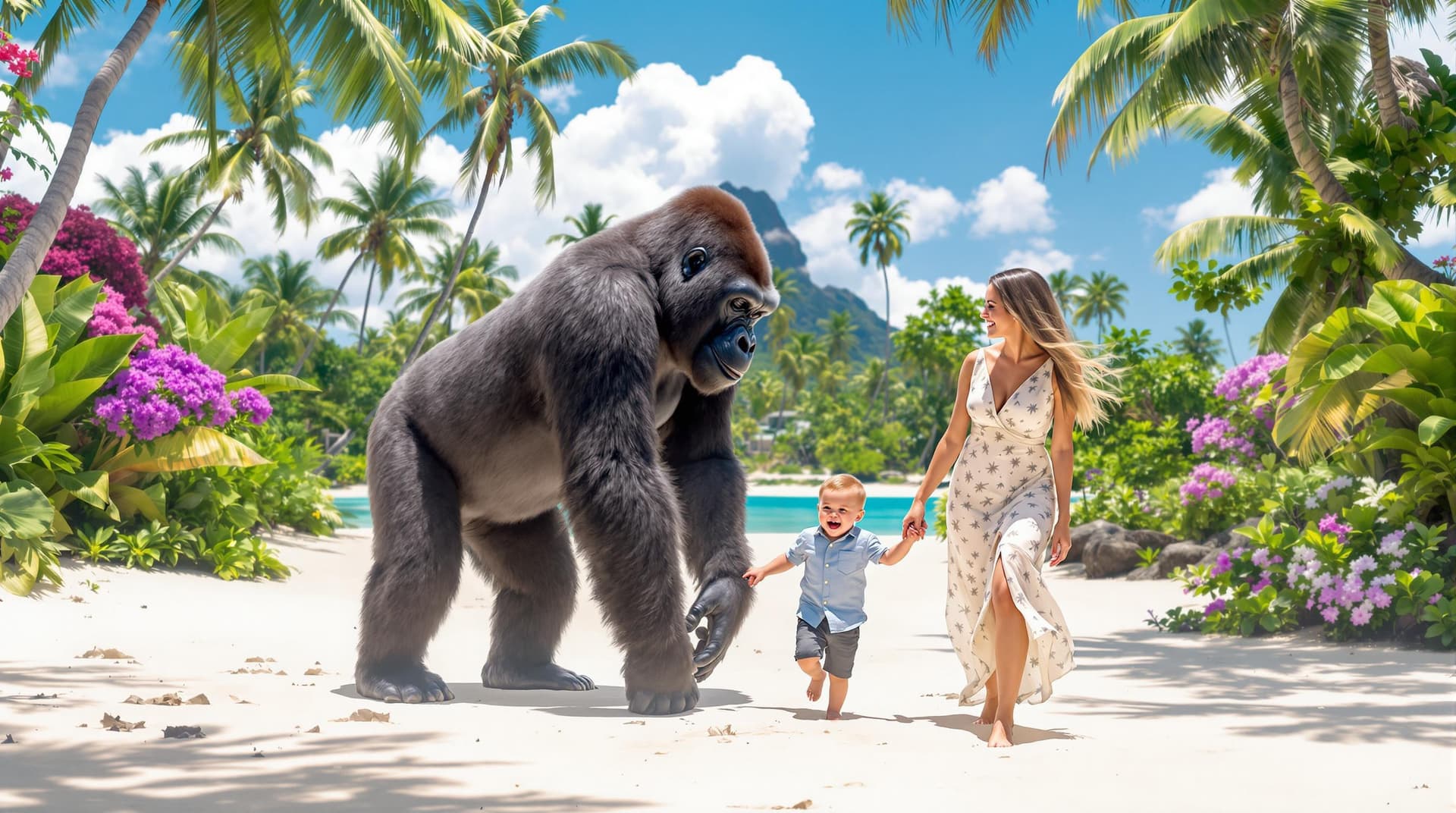 AI generated: “A surreal and touching scene of a woman with a three-year-old child and a large gorilla walking on ...