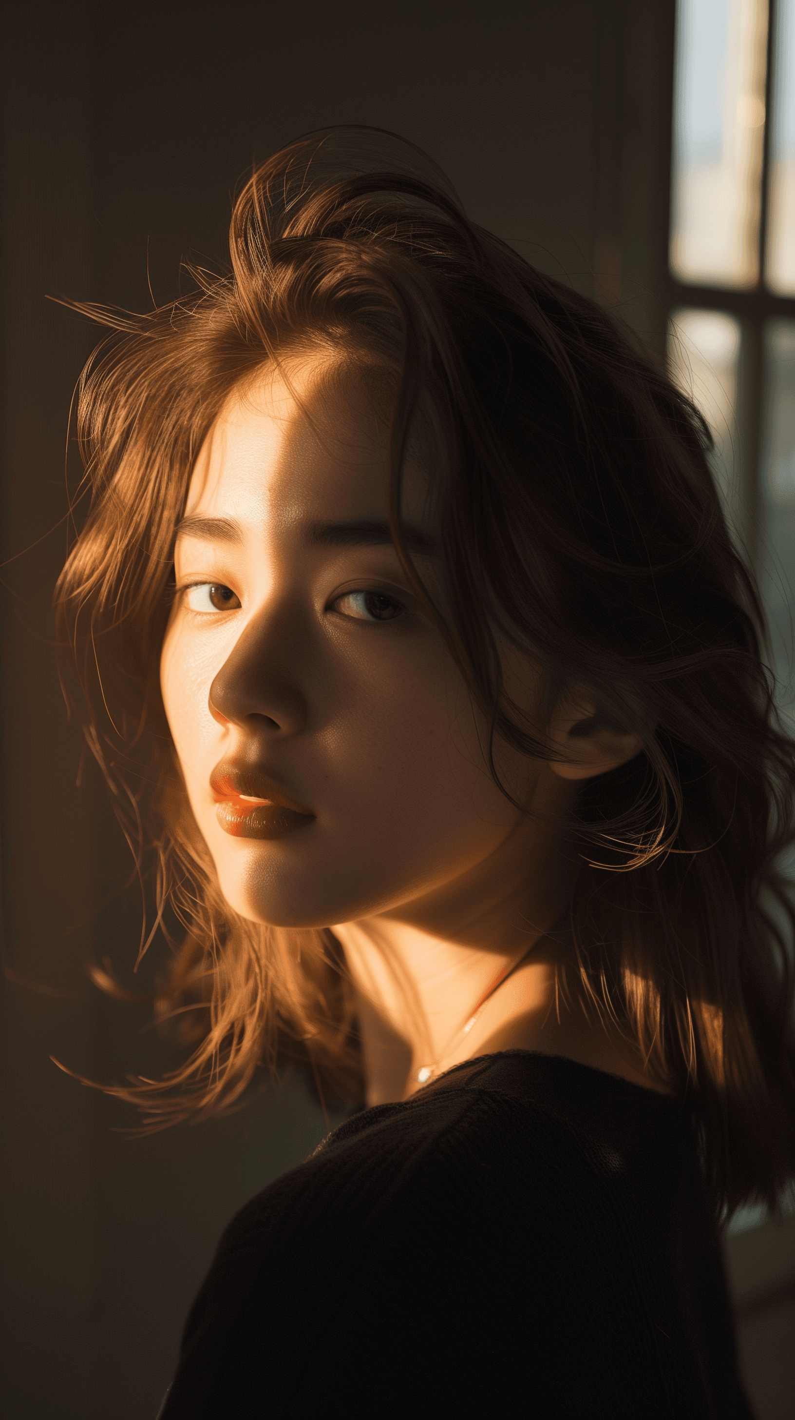 AI generated: close-up portrait of a korean woman in a dimly lit room, gaze, half of her face bathed in the stark ...