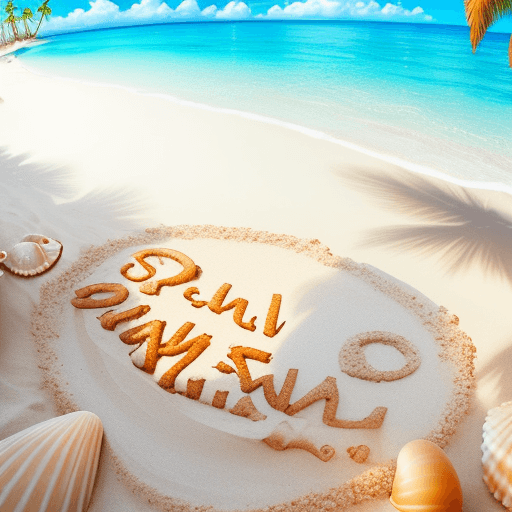 AI generated: Clean, sandy beach with the words "MANUEL + TANJA" written in the sand, some shells, Clear, turquois...
