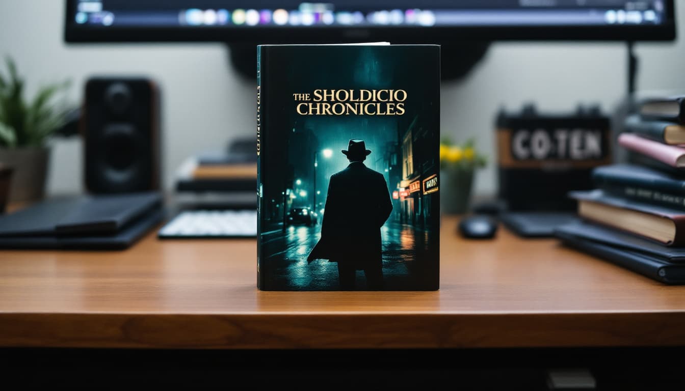 AI generated: A book on a desk with a film noir image of a man in a fedora hat standing in a neon lit, rainy stree...