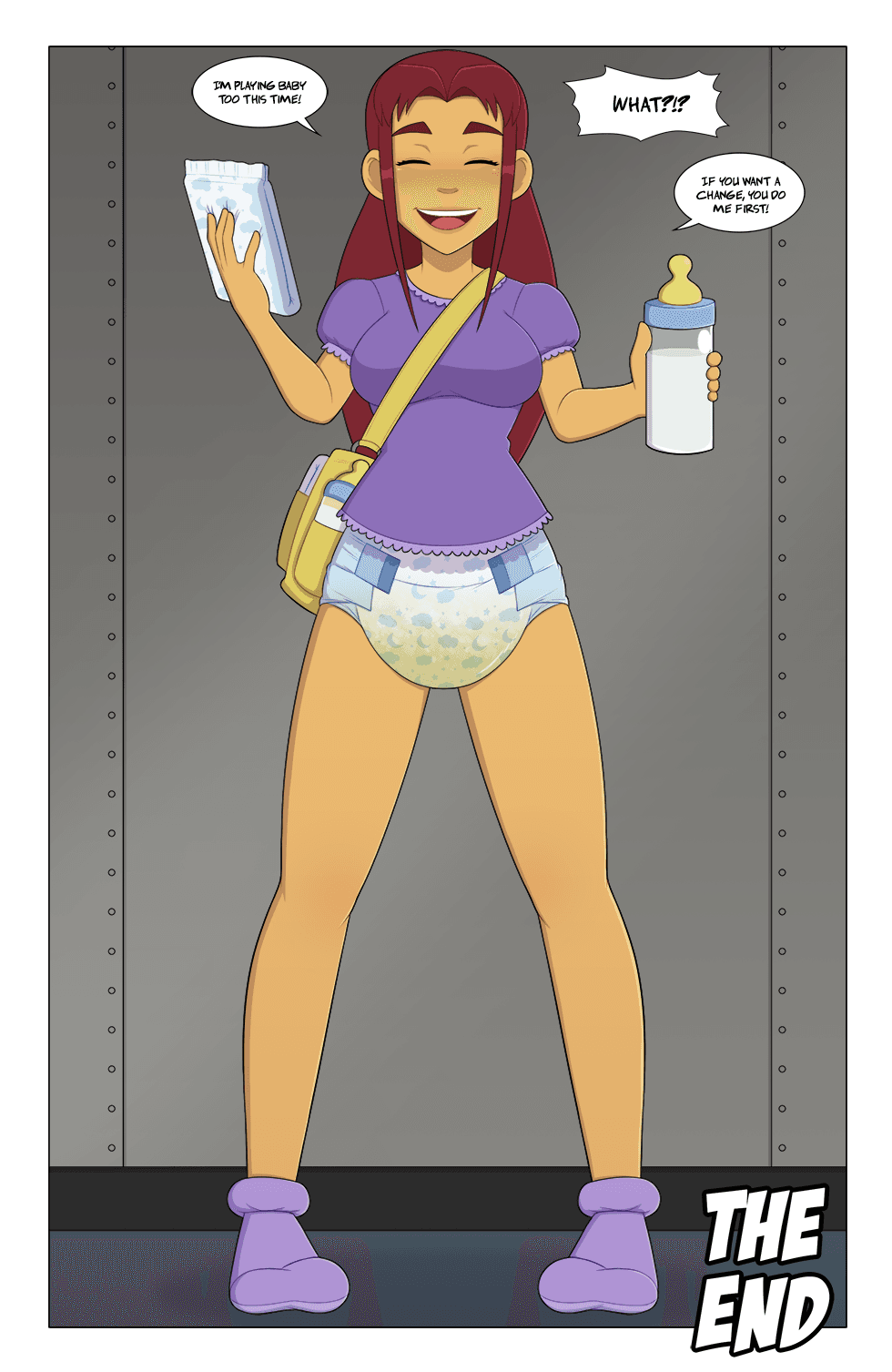 AI generated: a cute woman poses wearing wet diaper, 1girl, solo, green eyes, short hair, red hair, blush, full bo...