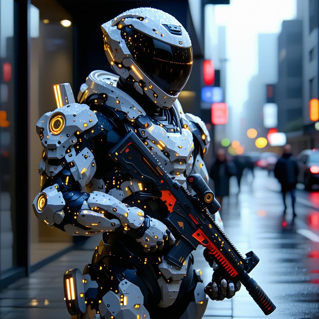 AI generated: Futuristic soldier with advanced armor, weaponry, and helmet, neon red, street, overcast, reflection...
