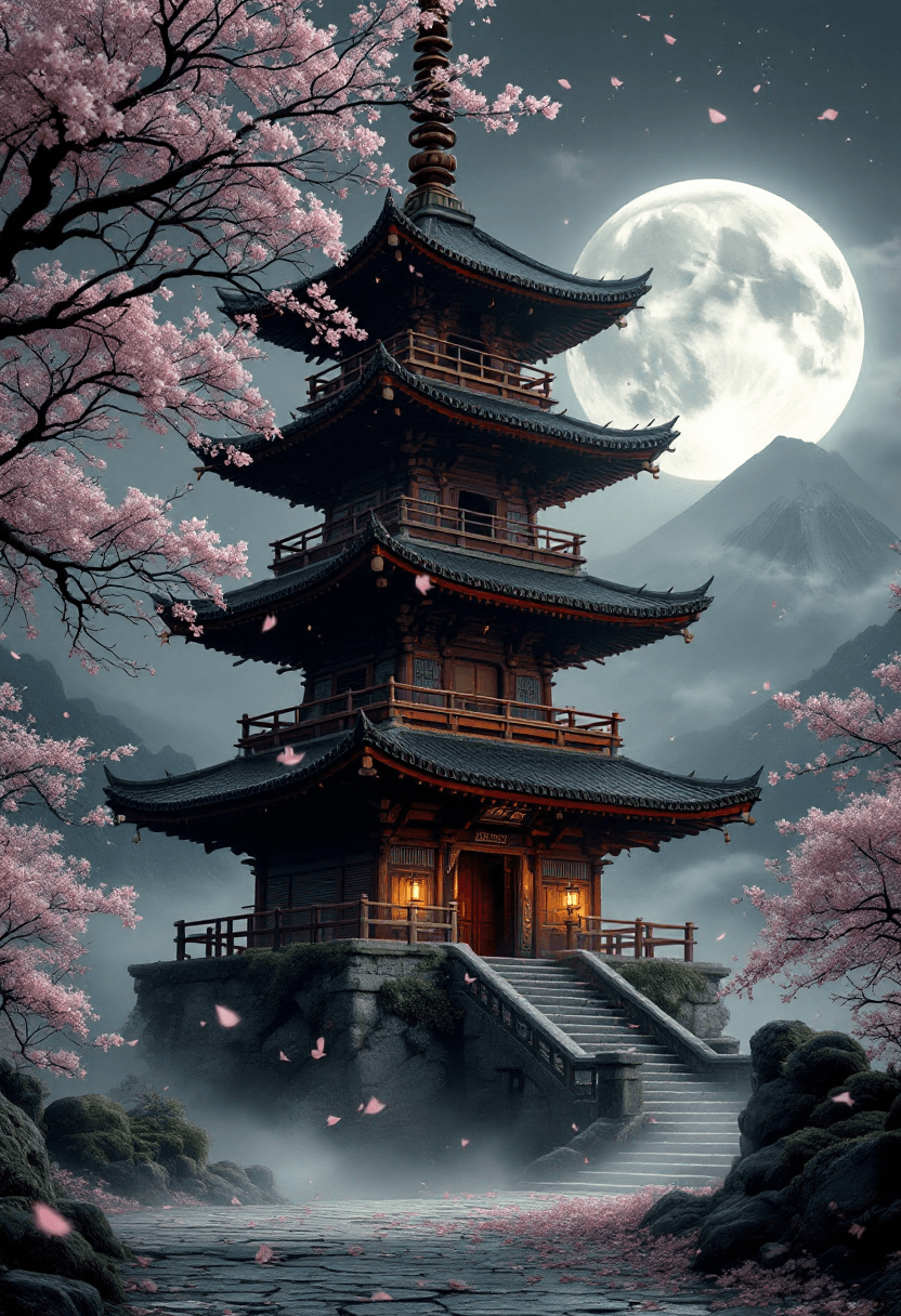 AI generated: A towering 5-story pagoda (slightly off-center to the right, 2:3 ratio) with weathered wooden beams ...