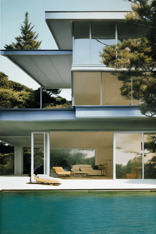 AI generated: Hyper realistic eye level exterior photo of a mid century modern style house overlooking the ocean, ...