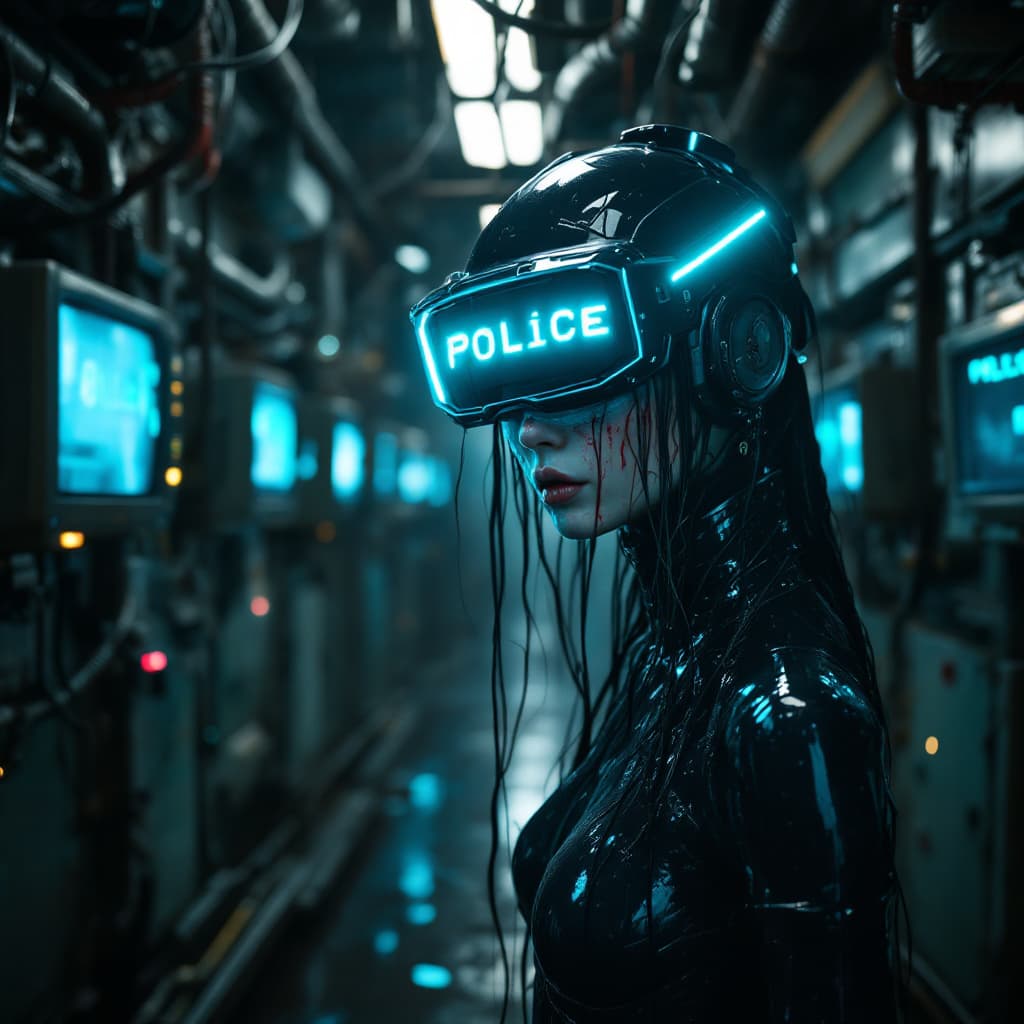 AI generated: 3 quarter angle of a  futuristic cyberpunk humanoid with a sleek black latex bodysuit, wearing a hig...