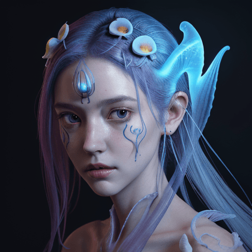 AI generated: Goddess close-up portrait ribcagel. jellyfish phoenix head, nautilus, orchid, skull, betta fish, bio...