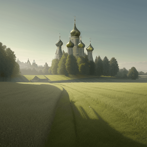 AI generated: On the same background green field joyfully lit with sunlight place 2 medieval churches:  a typical ...