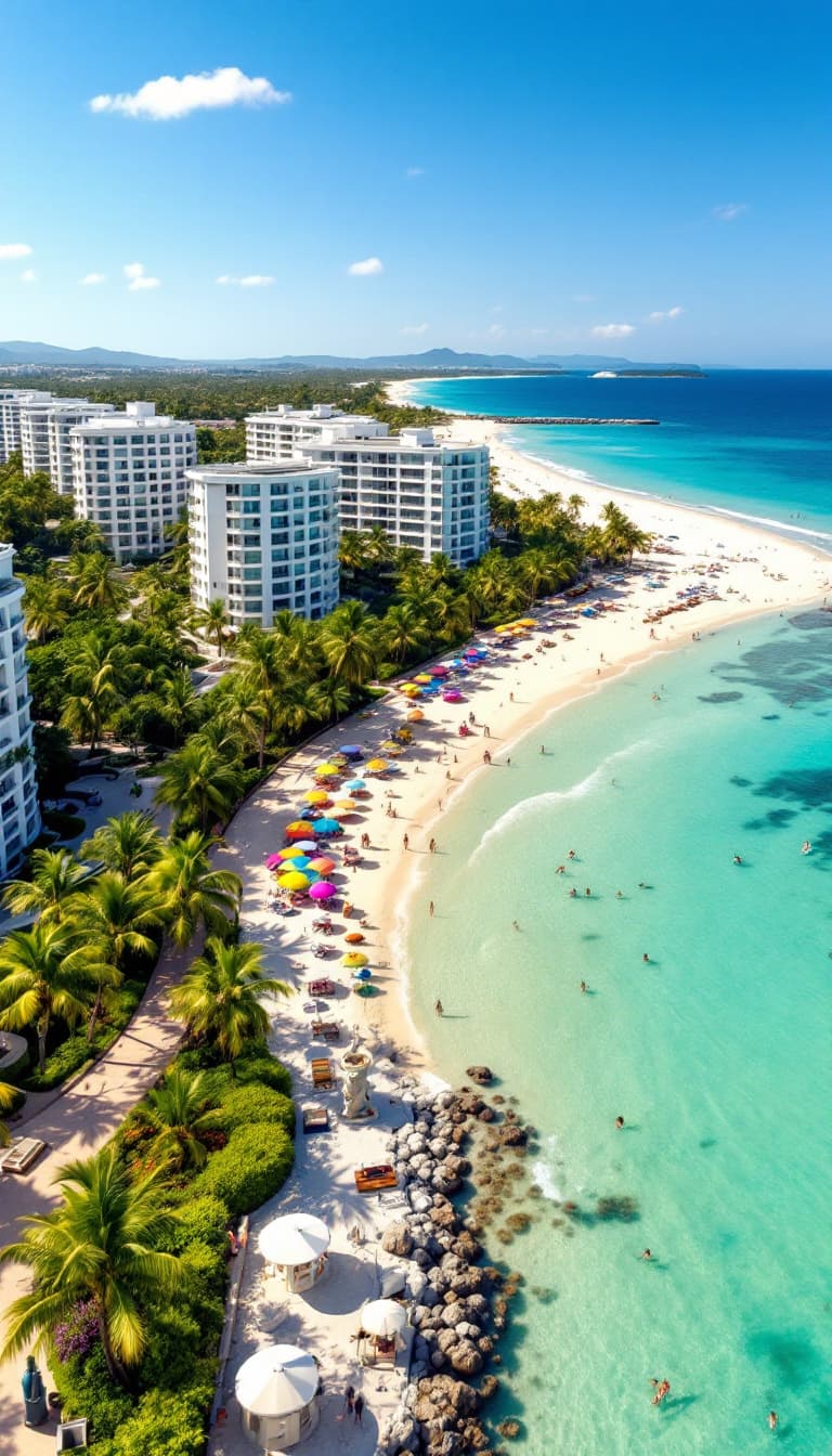 AI generated: An aerial view of a tropical seaside promenade with bright white apartment buildings surrounded by l...