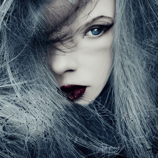 AI generated: beautiful sensuous white skin women, dark blue hair, crimson red eyes, charmer, alluring, queen vamp...