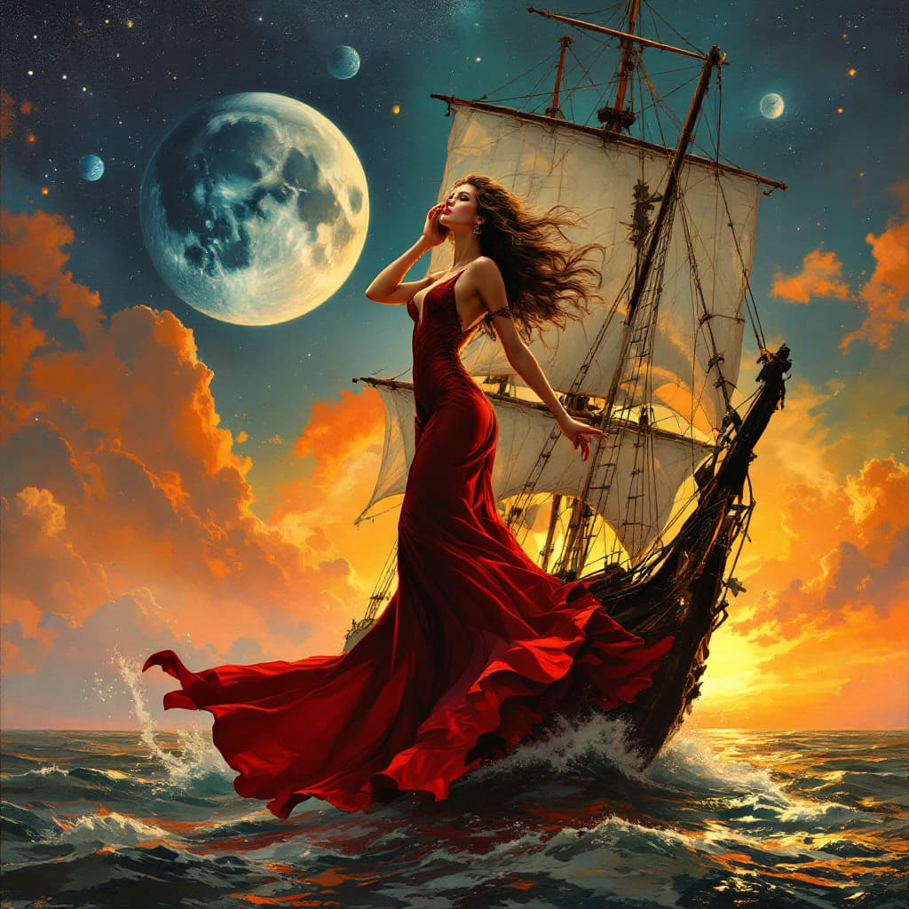 AI generated: a painting of a woman in a dark red dress, heavy metal comic cover art, space theme, pin-up girl, si...