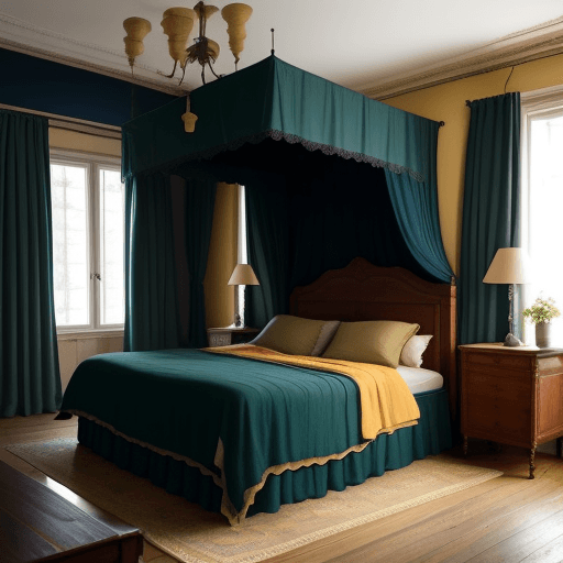 AI generated: Interior of a bedroom painted in Bauwerk Tumeric Colour and dark green linen curtains.  The headboar...