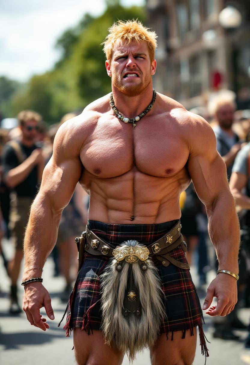 AI generated: high-resolution full body photo muscular man, show boots, reddish blonde hair, stupid, dazed express...