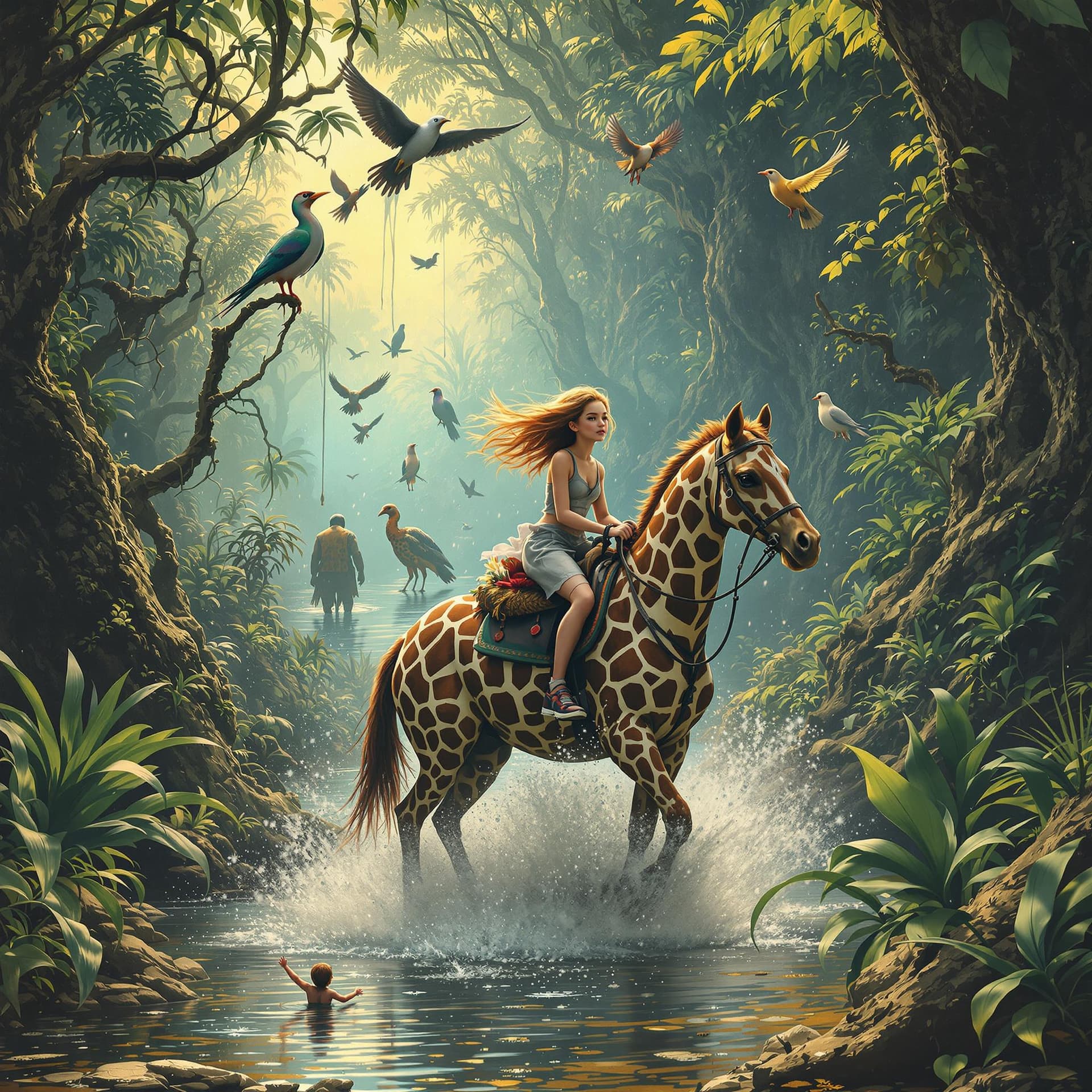 AI generated: A distant ancient land that has been hidden in the jungle for centuries with strange plants, and bir...