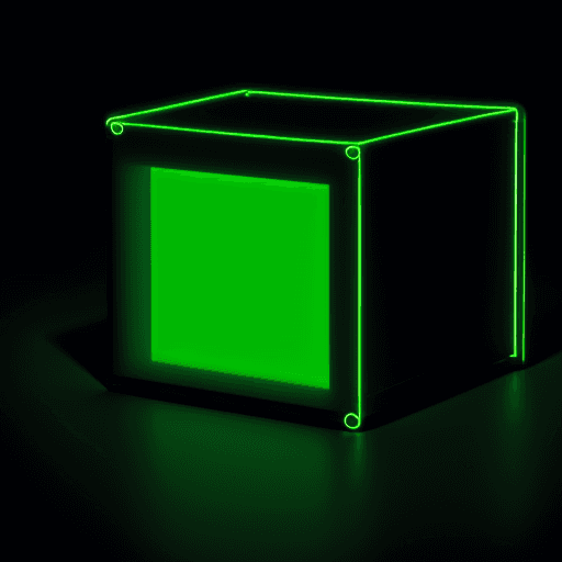 AI generated: green light box with none written on it, in an empty dark room, in the style of john pawson --ar 9:1...