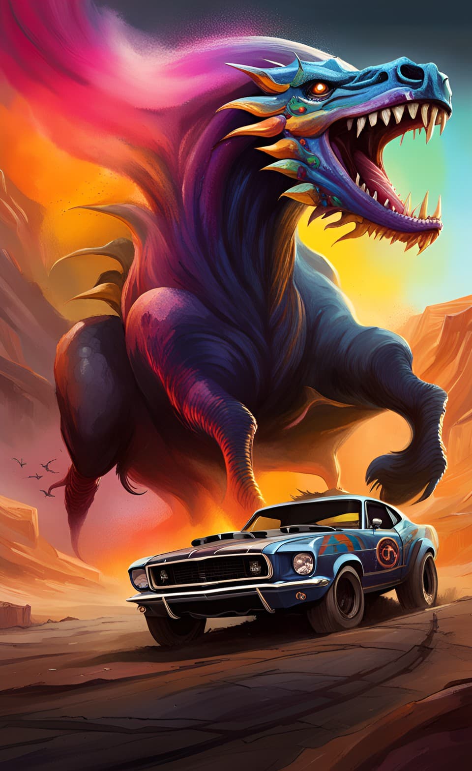 AI generated: 
A retro color comic style poster of a fantasy post apocalyptic world, with a mustang style muscle ...