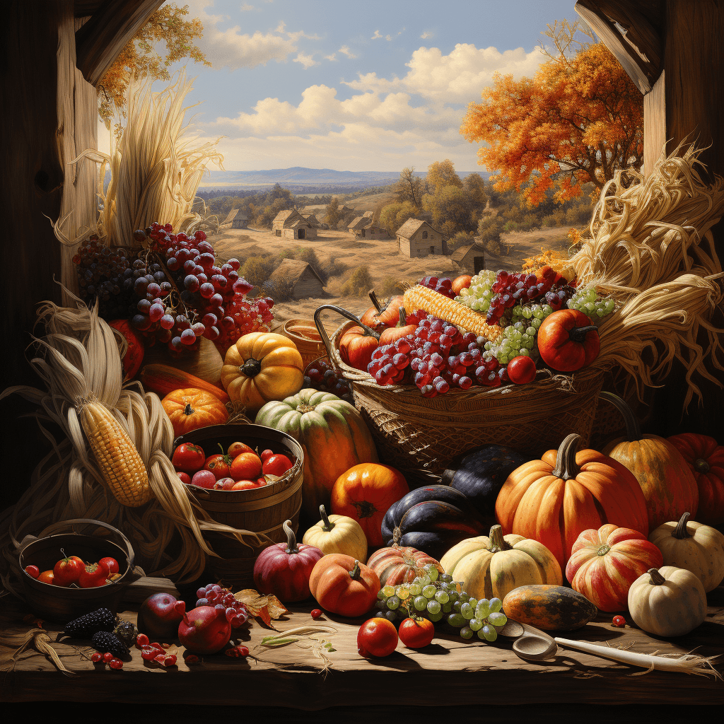 AI generated: Classic traditional cornucopia at the fall harvest festival, farm in the background, high quality ma...